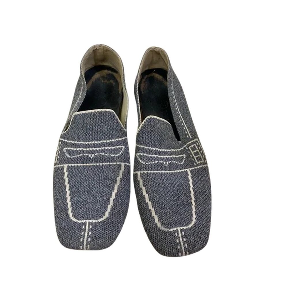 Woven Square-Toe Slip-On Loafers in Charcoal and Cream